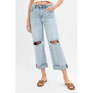 RISEN Full Size Mid Rise Fit Boyfriend Jeans with Cuff Plus Size