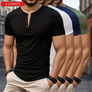 4 Pack - Men's Solid Color Slim Fit Henley Shirt, Button Half Placket, Comfortable, Breathable Stretch Fabric Suitable for Workouts & Training, Men's Crew Neck Short Sleeve Top, Ideal for Summer Casual Wear & Outdoor Activities