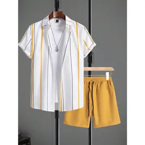 2 pcs/set men's casual shirt & shorts set, minimal style suitable for summer men summer clothes set