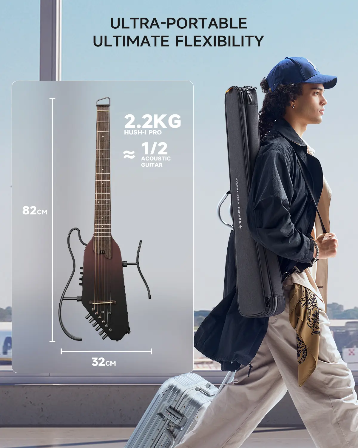 Donner HUSH-I PRO Acoustic-Electric Travel Guitar Kit with Sound 