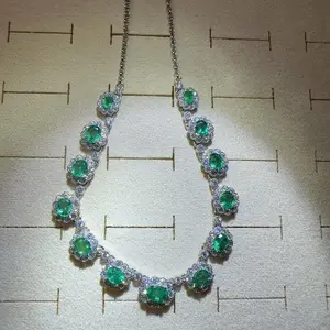 <PingEast jewelry > 925 Sterling Silver Necklace Featuring 13 Vorton Green High-Fluorescence Eye-Clean Natural Colombian Emeralds, Includes Certificate