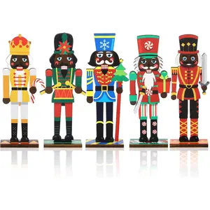 5 Pcs Christmas Nutcracker Ornament Set, Wooden Nutcracker Figurines for Xmas Tree & Table Decor, Traditional African American Design
