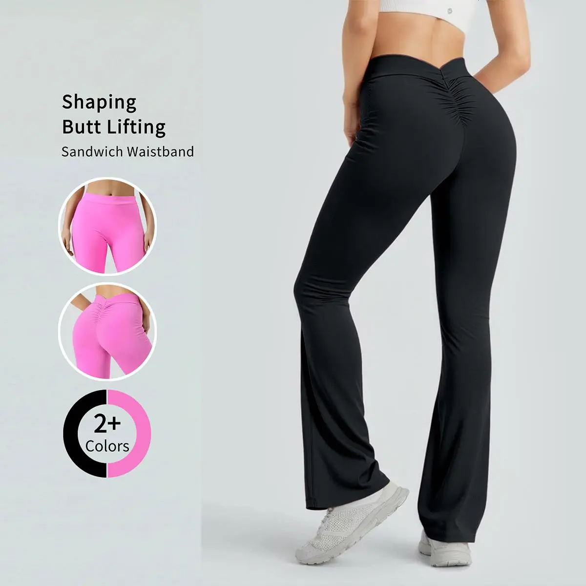 Women's High Waisted V-Cut Back Scrunch Flare Leggings - Buttery Soft Plain Sporty Chic All Season Athleisure Pants for Athletes, Tummy Control, Gym Workout Gear