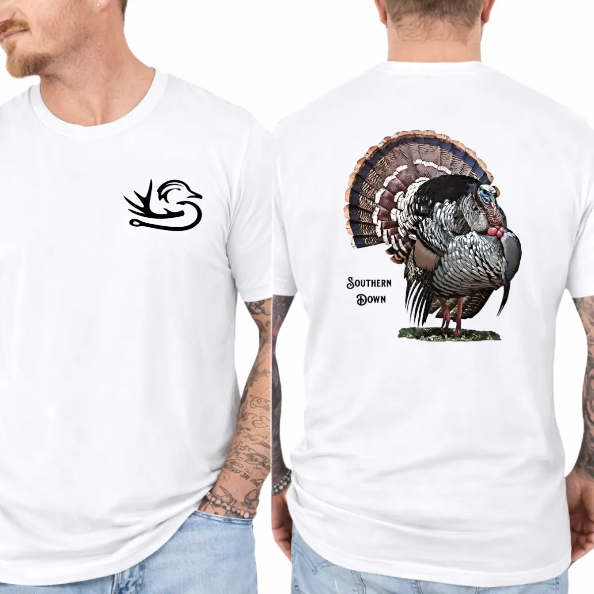 Turkey Hunting Shirt - Front And Back Print With Wild Turkey Pair, Flying Duck Logo And Detailed Feather Graphic, Vintage Outdoor Hunting T-Shirt For Men, Spring Hunting Season Outfit, Turkey Camp Tee, Gift For Hunters And Outdoorsmen Classic Top Sport