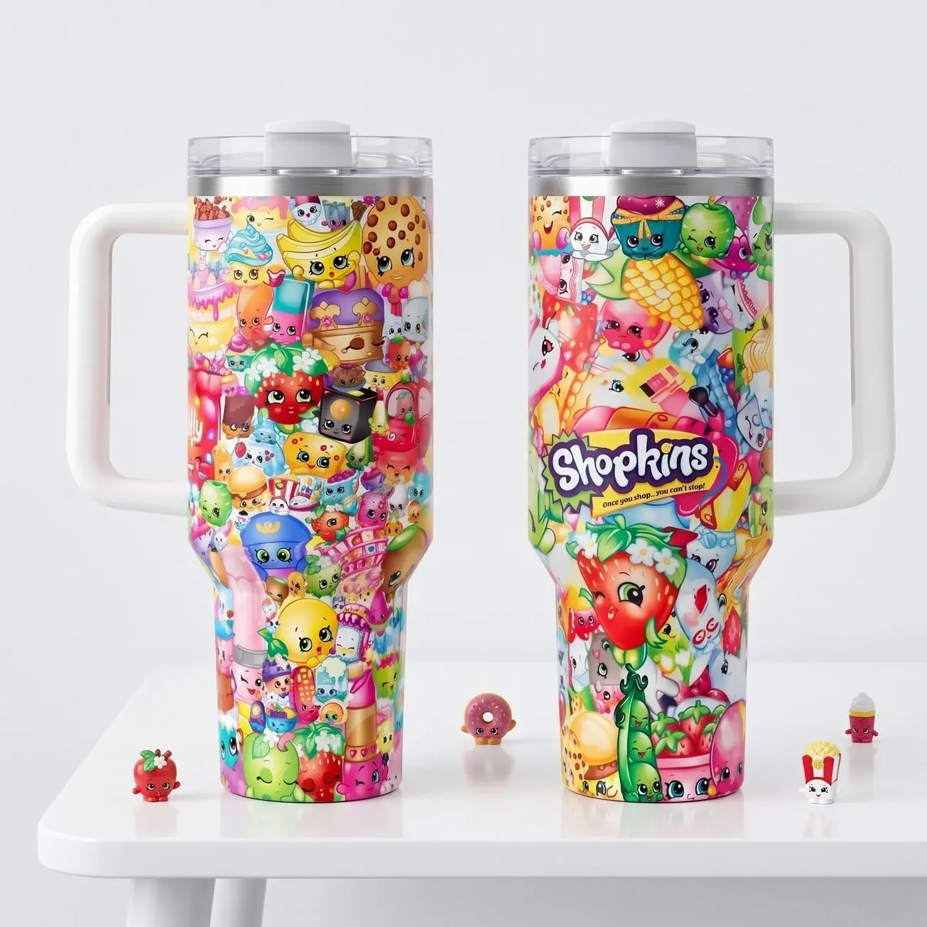 Cute Shopkins 40oz Stainless Steel Tumbler with Handle and Straw, Travel Mug Fits Car Cup Holder Cute Gift for Shopkins Fans