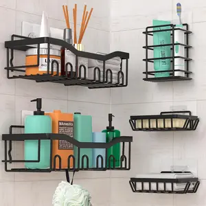 5 Pack, Adhesive Shower Organizer For Bathroom Storage & Home Decor & Kitchen, No Drilling Adhesive Shower Caddy for Bathroom, Black Hollow Rack Hollow Rack
