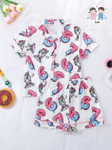 2-Piece Kids Pajama Set, Short Sleeve Button Front Open Shirt & Shorts, Casual Cartoon Print, Unisex, All Seasons Wear