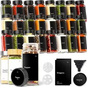 Glass Spice jars with Label & Shaker Lids [24x 4oz] Airtight Seasoning Containers for Cabinet & Drawer - Empty Spice Bottles - Spice containers with labels - Black spice jars with black lids