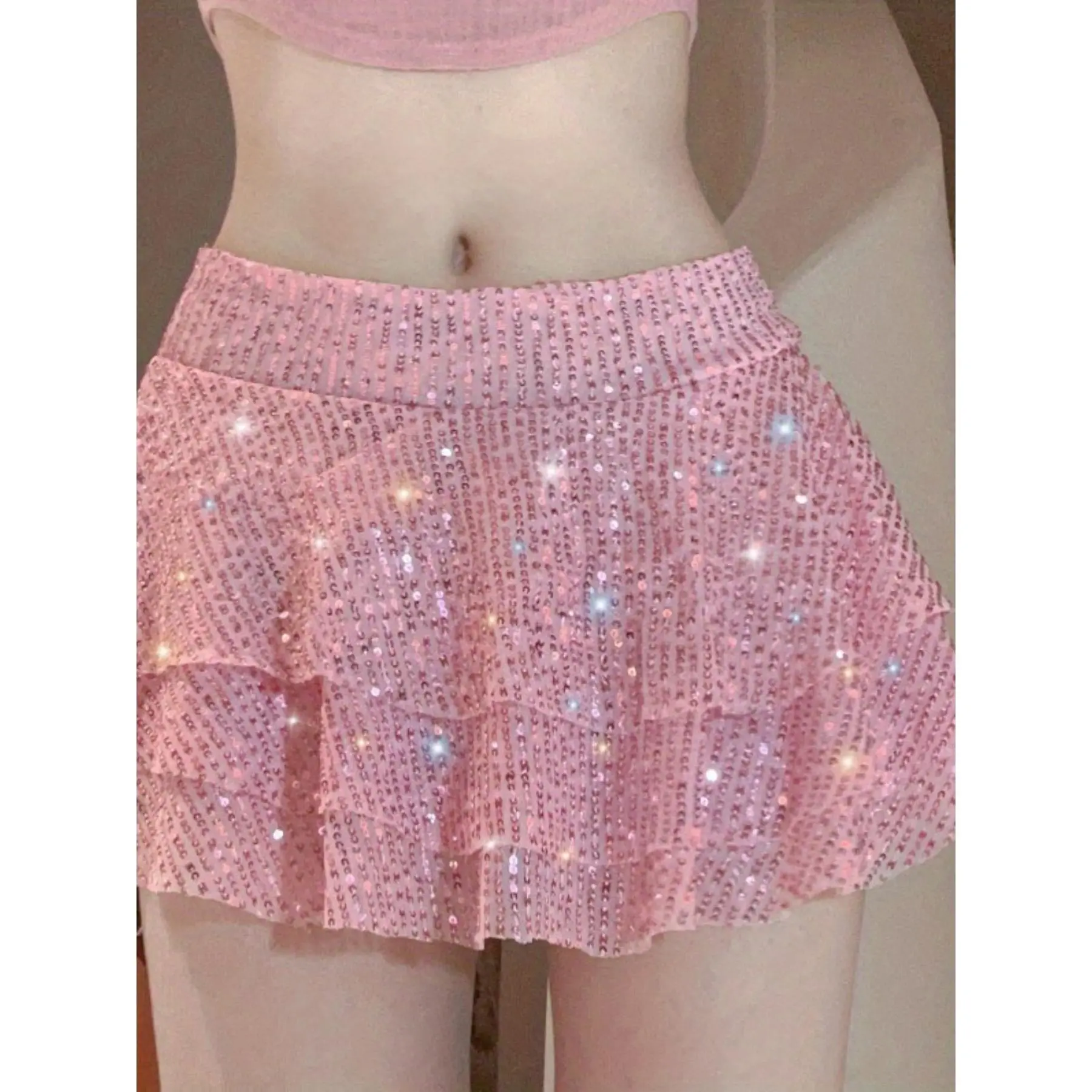 Women's Sparkly Sequin Layered Ruffled Mini Skirt - Elegant Flowy Summer Skirt with Multi-Layered Design, Machine Washable & Dry Cleanable, Solid Color Non-Transparent for Casual & Formal Outfits, Cute Skirts, Party Wear, Stylish Detailing, Fashion Lovers