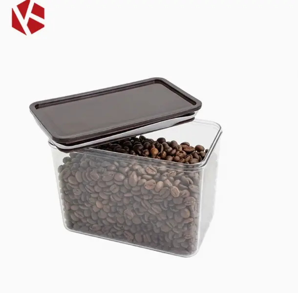 Clear rectangular airtight food storage container with dark lid, transparent body lets you view contents easily, ideal for storing coffee beans, nuts and dry food at home.