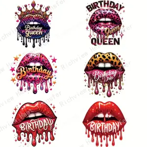 6 Pcs Lips Birthday Queen Style Heat Transfer Vinyl Stickers for Clothes DIY Washer Safe Iron on Patches Decorative T Shirts Accessories