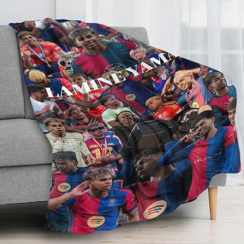 Lamine Yamal Flannel Throw Blanket, Football Photo Collage Soft Fleece Blanket, Cozy Soccer Fan Blanket for Sports Fans, Bedroom Couch Game Room Decor Gift