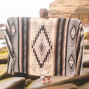 Baja Mexican Wool Blanket XL Thick Vintage Style Handmade in Mexico with Natural Brown, Cream, Tan & Grey, 99% Wool, Durable for Camping and Home Use