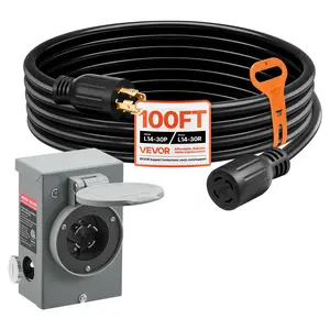 VEVOR 30 Amp Generator Cord and Power Inlet Box, 100 FT, 125/250V NEMA L14-30P to L14-30R Heavy Duty Extension Power Cord, SJTW 10AWG 7500W, Pre-Drilled Inlet Box, for Generator to House, ETL Listed