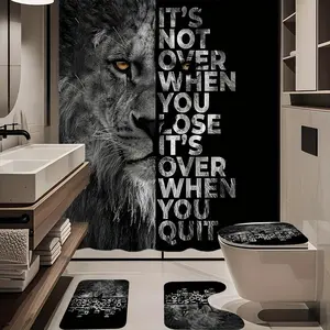 1/4pcs Lion Design Shower Curtain, Polyester Shower Curtain Set with 12 Hooks, Non-Slip, U-Shaped Toilet Pad, And Toilet Lid Cover 71X71 Inches