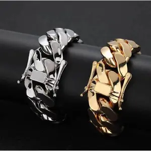 Unisex Hip Hop 22mm Miami Cuban Link Bracelet 14K Gold Vacuum Plated Stainless Steel Copper Clasp Chicano Style Weighty Stackable Jewelry for Men Women Daily Casual Wear Gift Idea