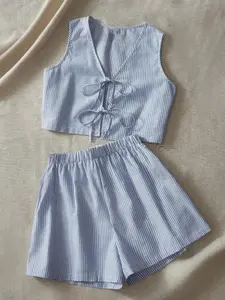 Women's Blue Striped Crop Top & Shorts Set, Sleeveless V Neck Front Tie Design, Casual Summer for Daily Wear
