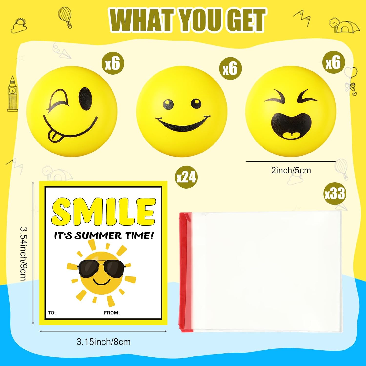 24 Pack Stress Balls for Students - 2 Inch Yellow Squeeze Balls with Wish Cards - Effective Stress Relief Tools for Classroom Exchange & Party Favors