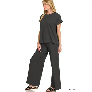 Zenana-RAISED RIB RELAXED TOP & PANTS SET