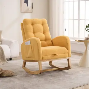 Nursery Rocking Chair, Upholstered Glider Chair with Footrest, Tufted Rocker Recliner with Side Pocket, Comfy Recliner Glider, Accent Chair for Living Room (Yellow Teddy)