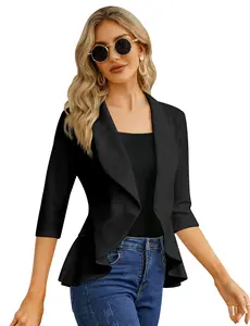 YESFASHION Women's 3/4 Sleeve Ruffle Hem Peplum Blazer Open Front Casual Work Blazer in  Black Navy Blue White Royal Blue Fuchsia Breathable Fabric for Office to Weekend Brunch - Womenswear