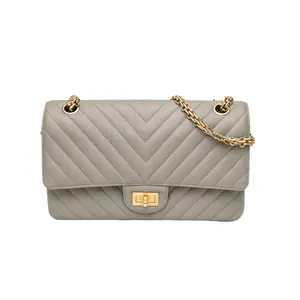Pre-owned CHANEL 【Dina】CHANEL 2.55 Flap Bag Small 24cm V Pattern Grey