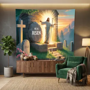 1pc Empty Tomb Jesus Wall Tapestry, Inspirational Christian Art Hanging for Studio, Apartment, Entrance, Ceiling, Reading Nook, Durable Washable Polyester Fabric Mural Decor.