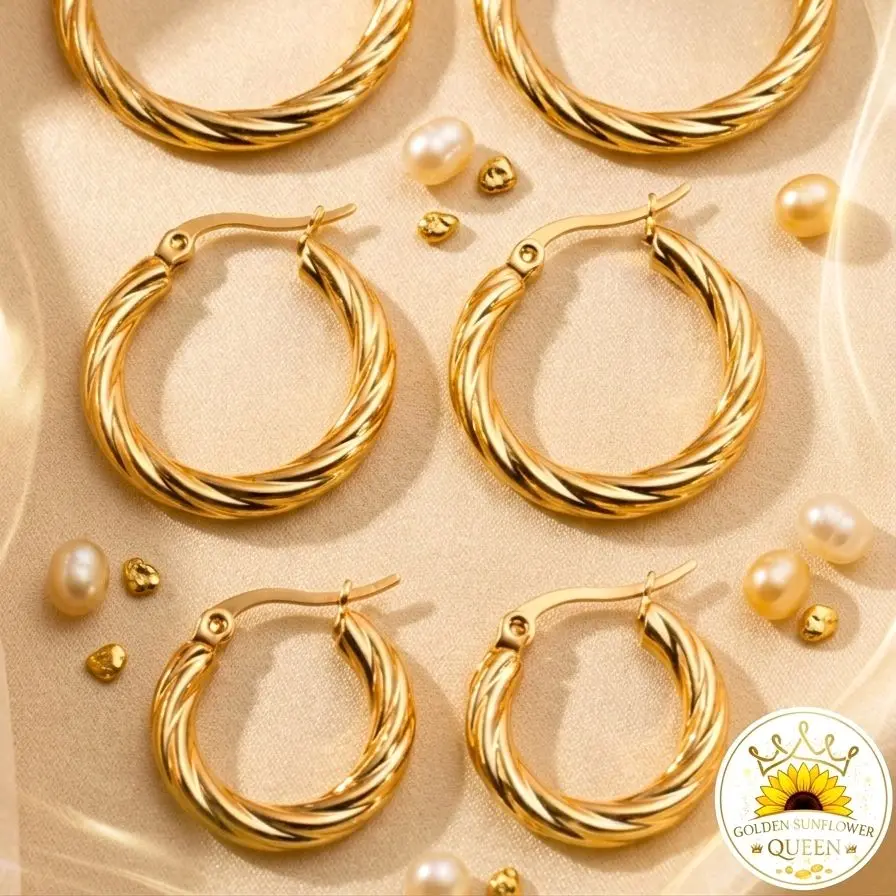 3 Pares de argollas. Stainless steel chapadas en oro 14K. Set de 6 pendientes aro de acero inoxidable con textura, de estilo vintage y exagerados, para mujeres, de moda y sin desteñir a prueba de agua y uso diario.