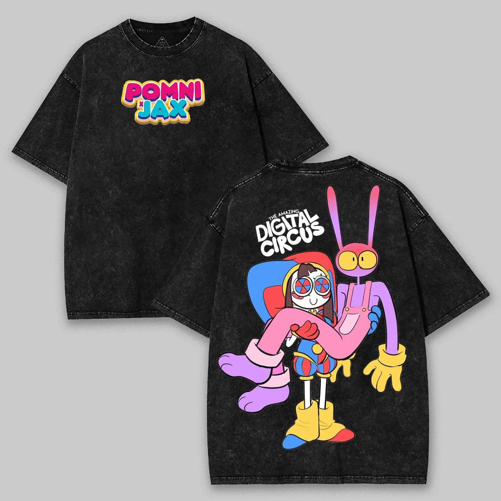 Pomni x Jax The Amazing Digital Circus Double Printed Lightweight Acid Washed Tee TV Show Graphic Top Shortsleeve Cotton Gift TShirt, Gift T-Shirt For Movie Lover tees good