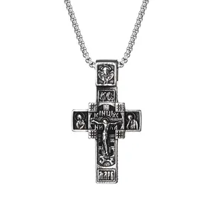 OIDEA Orthodox Cross Necklace: Vintage Stainless Steel Jesus Cross Pendant Necklace Religious Christian Prayer Jewelry Gifts for Mens Womens, Black