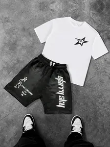 Men's Star Letter Print Set, Short Sleeve + Shorts, Spring Summer Campus Wear, Street Style Design, Casual Loose Fit