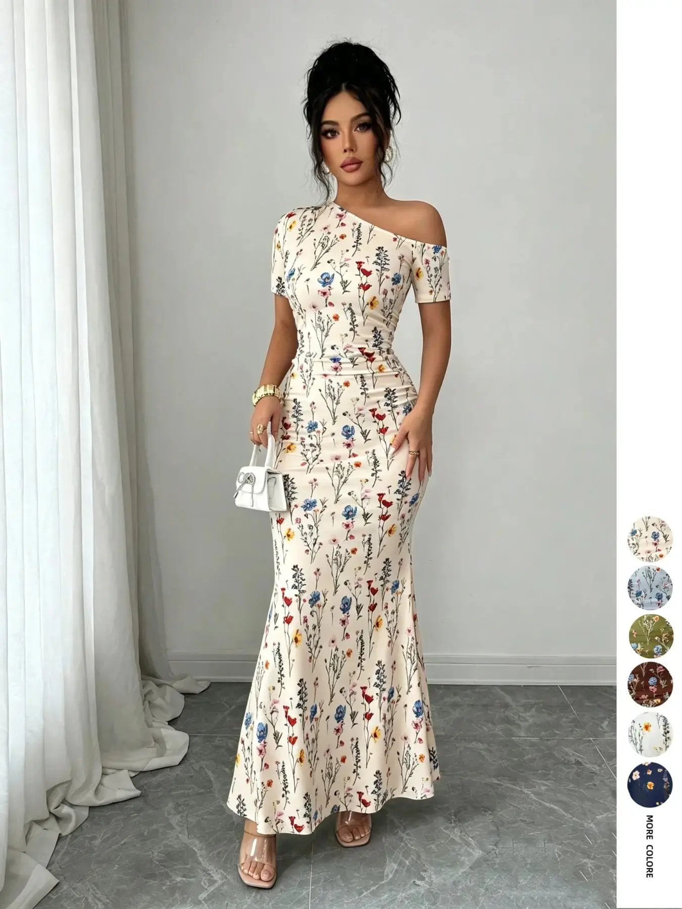 Asymmetrical Shoulder Floral Fish Tail Long Dress, Waist Cinch Slimming Pure Desire Butt Lift Dress, Chic Date Night Dress, Beach Vacation Dress