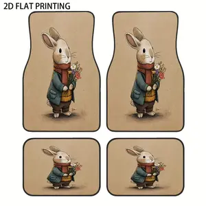 4pcs Retro Rabbit and Floral Pattern Car Floor Mats- Beige/Brown/White/, Non-Slip All-Weather Suitable Driver/Passenger/Rear/Trunk Mats- Easy to Clean Car Interior Accessories, Suitable Easter, Spring, Daily Decoration- Cute Rabbit, Vehicle, Car Accessory