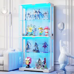 BROTTAR Display Cabinet with Glass Doors, 4-Tier Curio Cabinet with 3 Color Lights for Collectibles, 65" Lighted Glass Display Case with Transparent Full-Display Surface, Human Body Sensor, Black