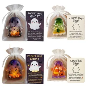 Cute Halloween Ghost Pocket Hugs, Mini Emotional Support Tokens with Encouragement Cards, Inspiring Keepsake Gifts for Friends Party Favors Assortment (4 Pack)