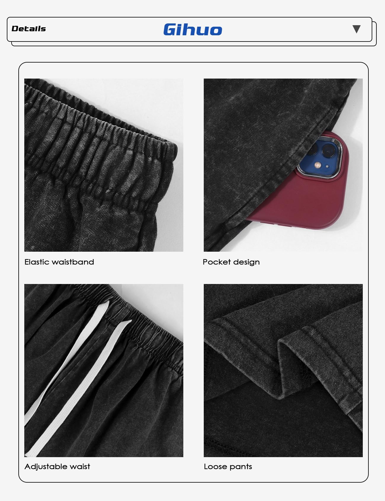 Gihuo Mens Unisex Sweat Shorts Cotton Athletic Shorts Vintage Acid Wash Elastic Waist Drawstring Workout Shorts with Pockets Womenswear Basic Bottom Casual Minimalist