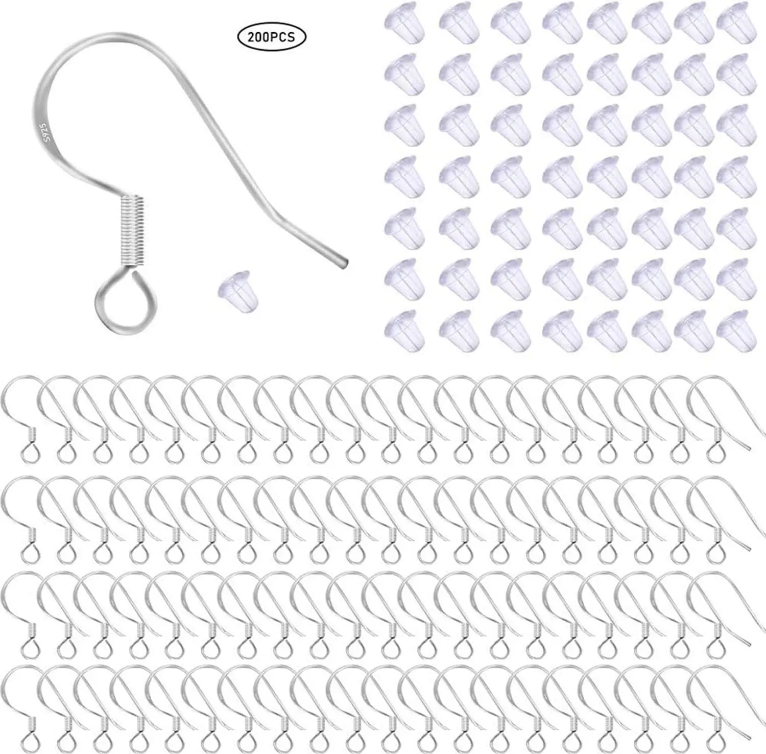 Earring Hooks 100 Pcs / 50 Pairs 925 Sterling Silver Hook Ear Wires with 100 Pcs Clear Rubber Silicone Earring Safety Backs Stoppers DIY Jewelry Making, Adults