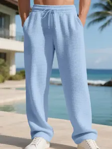 Men’s Straight Knit Casual Pants, Small Checkered Texture, Loose Fit, Drawstring Waist, Autumn & Winter Fashion, Multiple Colors Available