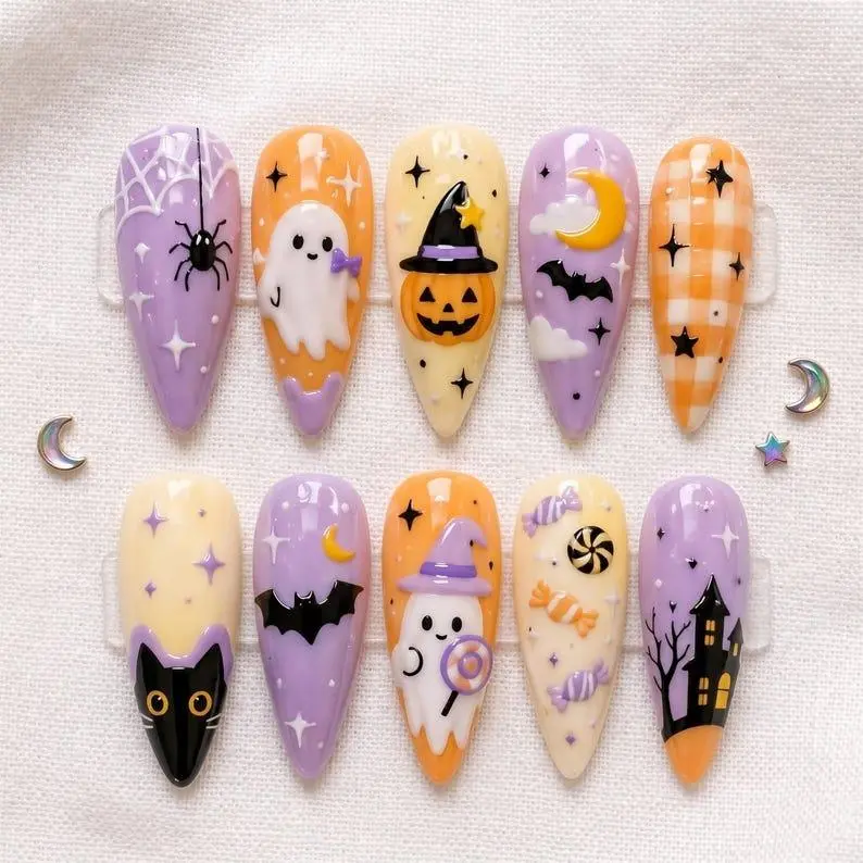 Cute Halloween Press On Nails Kawaii Ghost Pumpkin Black Cat Bat Spider Web Handmade Glossy Long Almond Fake Nails Reusable Acrylic Nail Set for Women