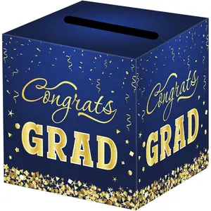 2026 Graduation Blue Gold Card Box, 8.7x8.7x8.7 Inches Collapsible Paper Gift Card Receiving Box for Graduation Party Decorations & Supplies