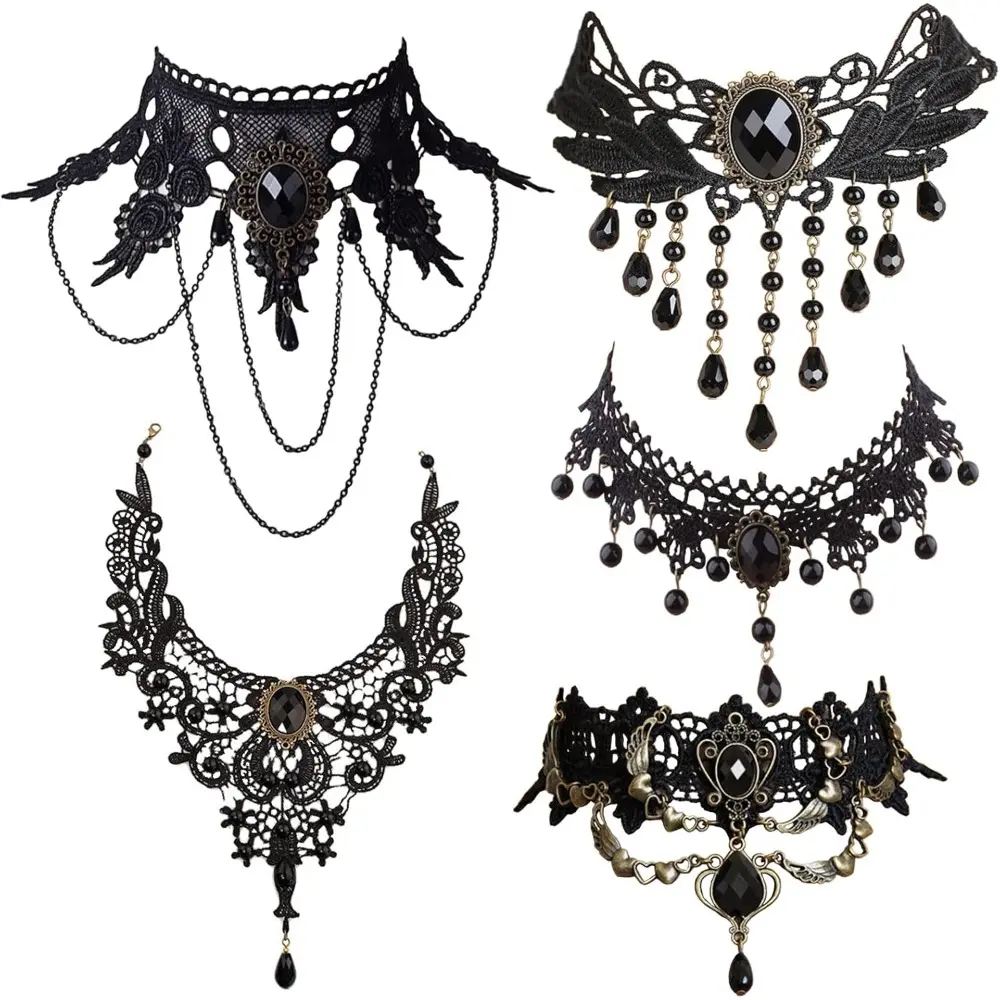 Women's 5-Piece Vintage Choker Set - Black Lace & Velvet with Rhinestones, Adjustable Gothic Witch Jewelry for Party & Birthday, Alloy, Vampire Costume, Lace Embellished, Christmas, Cosplay Dress, Party Wear, Five Pieces