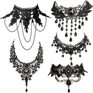 Set of 5 Vintage Gothic Lace Choker Necklace Set - Exquisite Adjustable Rhinestone Embellished Black Velvet Ribbon Chokers- Ideal for Daily Wear,All Seasons,Perfect for Women