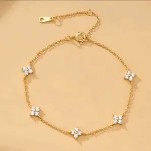 925 Silver Plated Cubic Zirconia Four Leaf Clover Bracelet for Women Adjustable Chain Jewelry 18k Gold Plated Fashion Accessory
