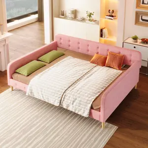 Queen Size Daybed Frame, Linen Upholstered Queen Platform Bed with Wood Slats Support, Queen size Sofa Bed for Small Space, Apartment, Bedroom, Living Room, No Box Spring Needed, Easy Assembly, Pink