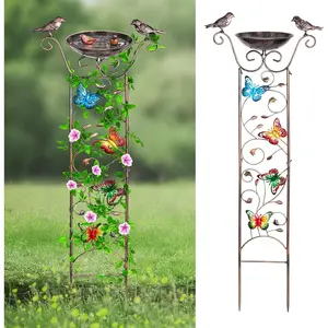 Bird Bath with Garden Trellis for Climbing Plants Outdoor, with Decorative Butterflies Free Standing Detachable Bird Feeder Bowl BirdBaths for Outdoors Antique Iron