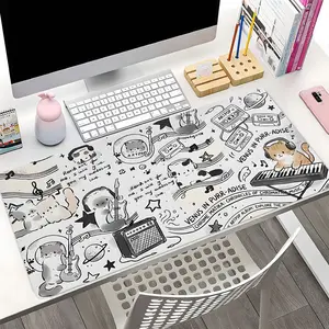 Cute Music Cat Doodle Extended Mouse Pad, Kawaii Animal XXL Big Desk Mat, Non-Slip Stitched Edge, Large Gaming Keyboard Pad, Perfect Gift for Cat Lover