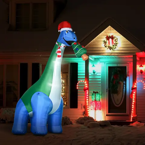 HOMCOM 11FT Outdoor Christmas Inflatable Dinosaur Decoration, LED-Illuminated Light-Up Ornament with Tree-in-Mouth Design, Waterproof Multicolored Polyester Decor for Home Garden (Suitable for Adult Use)