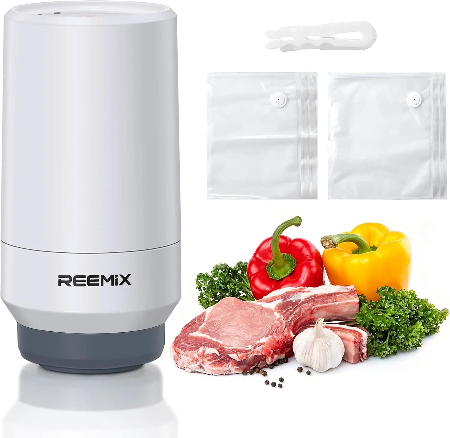 Reemix Handheld Vacuum Sealer Machine with 10 Reusable Bags | (10"x13.8" & 11.8"x13.5"), Wireless Rechargeable Food Sealer for Sous Vide, Meal Prep, BPA-Free, Portable & Space-Saving