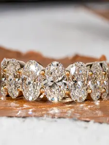 Luxury Half Circle Oval Zirconia Plated 18k Gold Women's Wedding Ring, Elegant Evening Party Jewelry, Geometric Asymmetrical Design