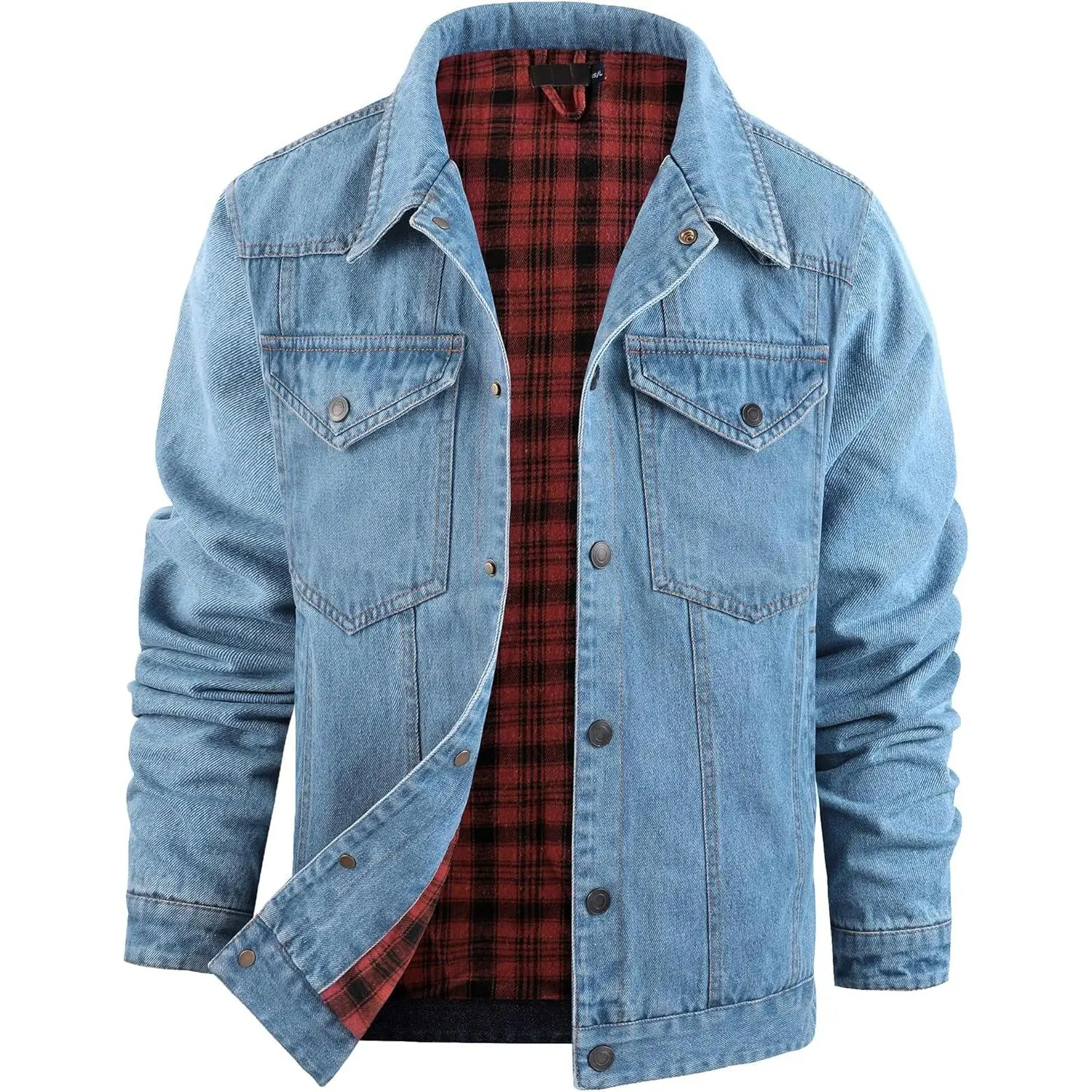 Men's Plaid Flannel-Lined Heavyweight Denim Trucker Jacket, Classic ...